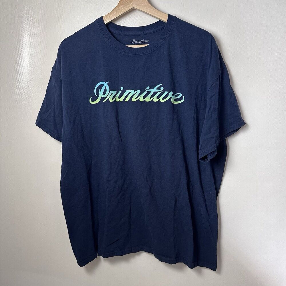Primitive T-Shirt Mens Script Blue Logo Colorful Graphic Short Sleeve Skater XL